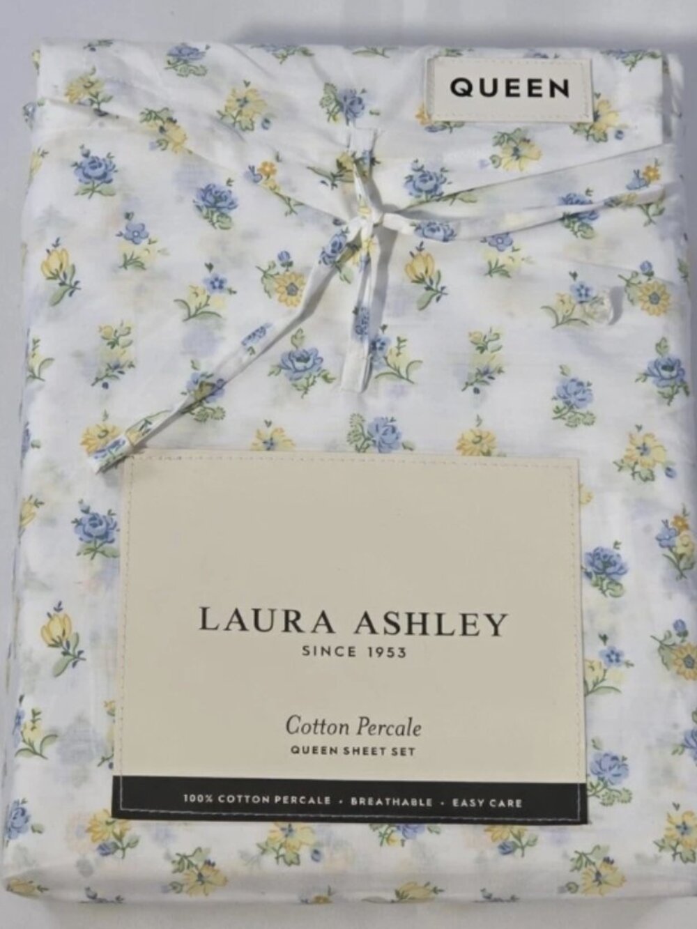 Laura Ashley Queen Sheet Set NWT Blue Yellow Floral Cotton Percale Bedding